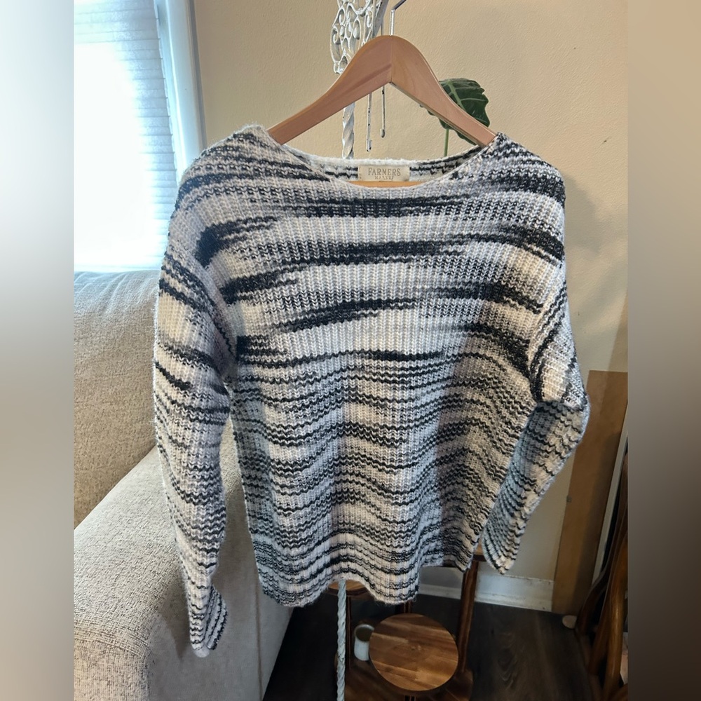 Farmers Market Wool Blend Striped Gray White Pullover Sweater chunky knit Cozy